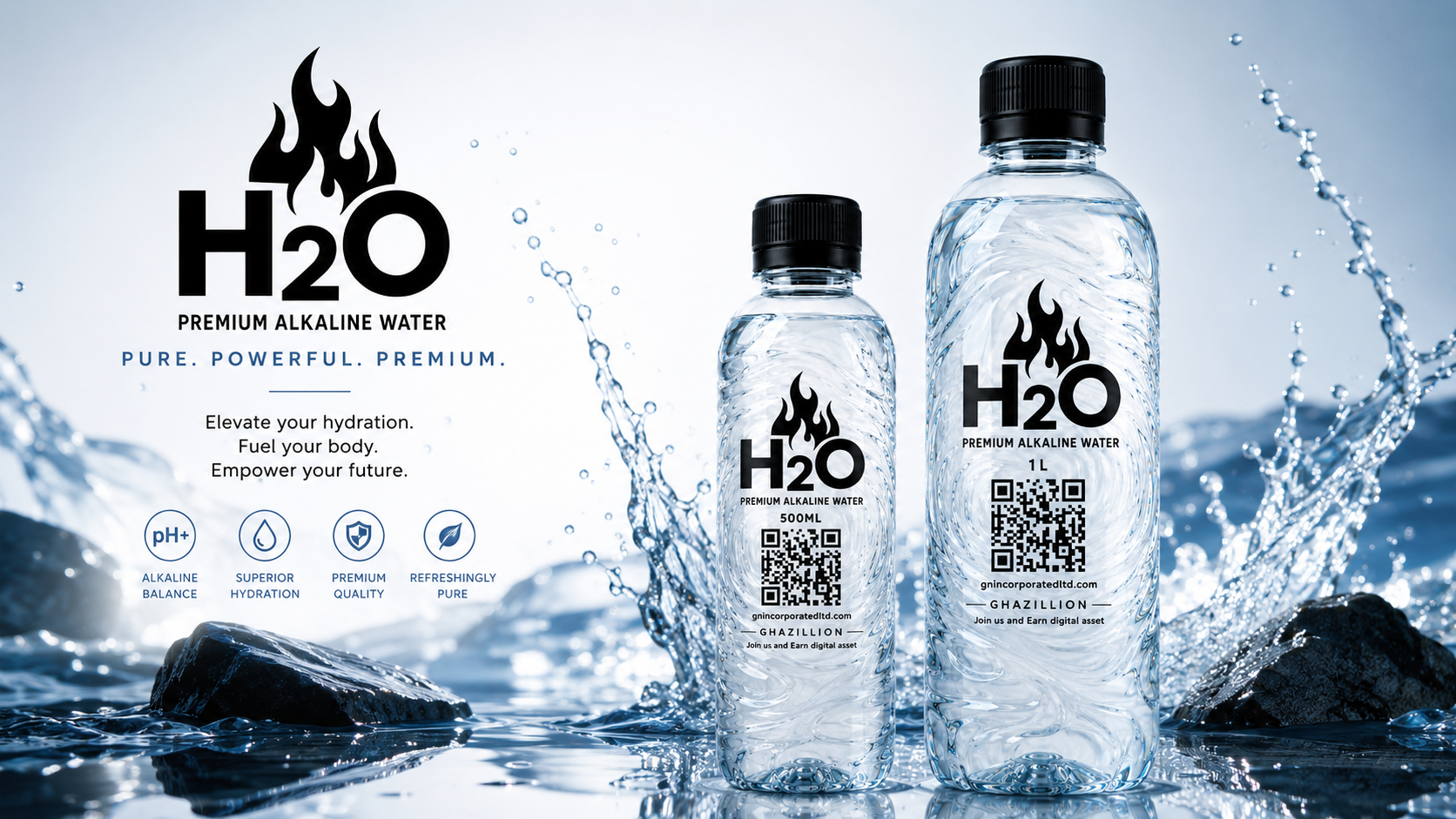 H2O Premium Alkaline Water 500ML and 1 L bottles in a premium water advertisement